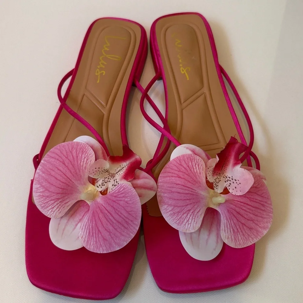 Lulus Pink Satin Orchid Sandals Size 8 Strappy Floral Slide - Picture 3 of 6